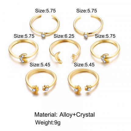 Ladies Fashion Rhinestone Rings Set 7 Pieces - Golden