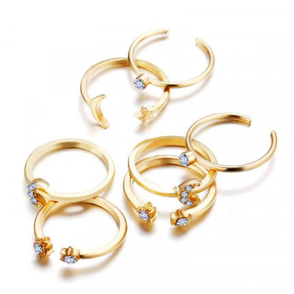 Ladies Fashion Rhinestone Rings Set 7 Pieces - Golden