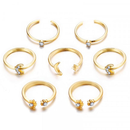 Ladies Fashion Rhinestone Rings Set 7 Pieces - Golden