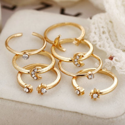 Ladies Fashion Rhinestone Rings Set 7 Pieces - Golden