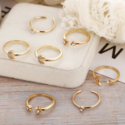 Ladies Fashion Rhinestone Rings Set 7 Pieces - Golden