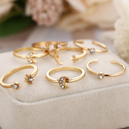 Ladies Fashion Rhinestone Rings Set 7 Pieces - Golden