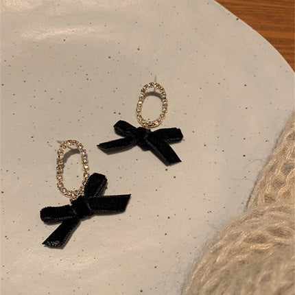 Ladies Rhinestone Bow Earrings - Black Gold