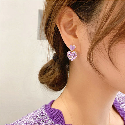 Girls Simple Wild Purple Crystal Heart Earrings - Light Purple