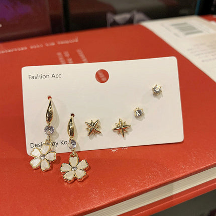 3 Pairs Girls Flower Crystal Fashion Earrings Set - Golden