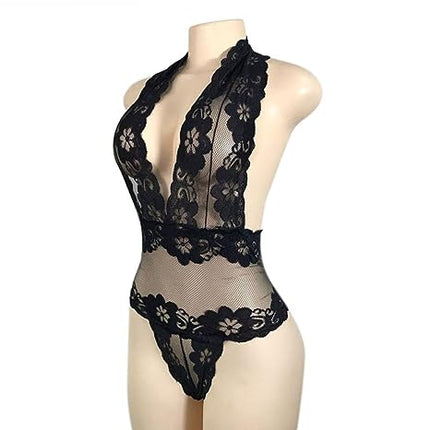 Women Lace Mesh Transparent Lingerie Set - Black