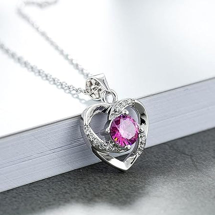 Silver Plated Heart Shaped Rhinestones Decor Fashion Necklace - Pink