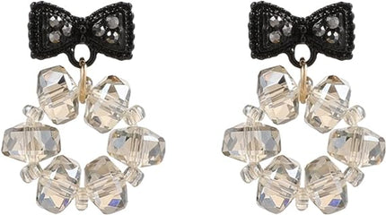 Ladies Rhinestone Bow Crystal Earrings - Black