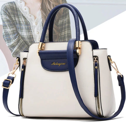 Fashionable Blue White Women's Handbag Double Handle Synthetic Leather Exterior Shoulder Strap Girls Party Office Casual Bag for Ladies