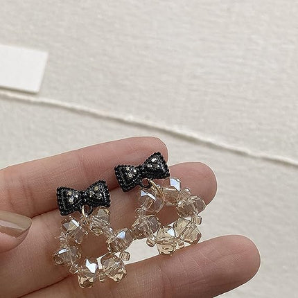 Ladies Rhinestone Bow Crystal Earrings - Black