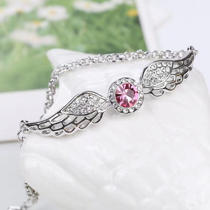 Ladies Fashion Crystal Wing Design Bracelet - Shiny Silver Pink