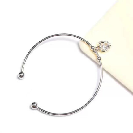 Women Fashion Zircon Heart Open Bracelet - Silver