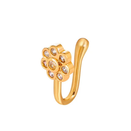 Glamorous Golden Aloy Non Pierced Women Nose Ring with Flower Rhinestone for Girls