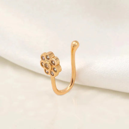 Glamorous Golden Aloy Non Pierced Women Nose Ring with Flower Rhinestone for Girls