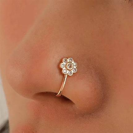 Glamorous Golden Aloy Non Pierced Women Nose Ring with Flower Rhinestone for Girls