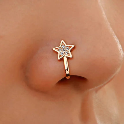 Golden Star Alloy Nose Clip Ring with Rhinestone Embellishment for Women's Fashion