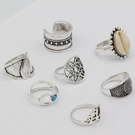 7 Pieces Woman Shell Silver Plated Rings Set - Silver