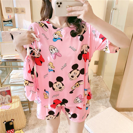 Cartoons Printed Nightwear Women Two Pieces Pajama Set - Pink