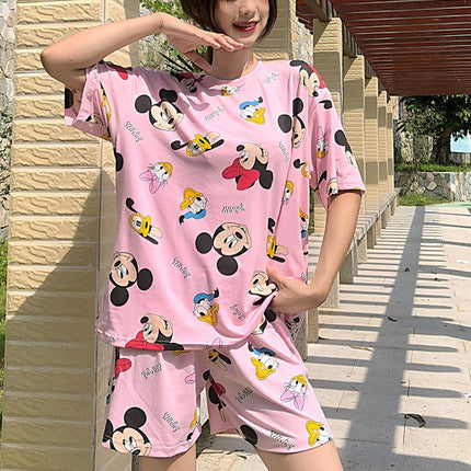 Cartoons Printed Nightwear Women Two Pieces Pajama Set - Pink