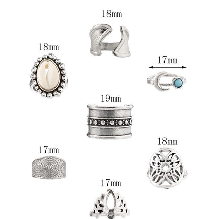 7 Pieces Woman Shell Silver Plated Rings Set - Silver