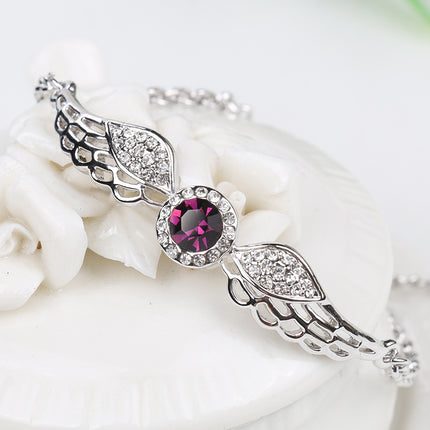 Ladies Fashion Crystal Wing Design Bracelet - Shiny Silver Pink