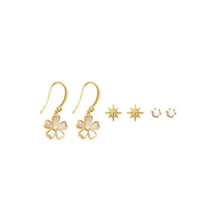 3 Pairs Girls Flower Crystal Fashion Earrings Set - Golden