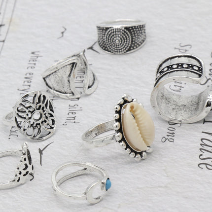 7 Pieces Woman Shell Silver Plated Rings Set - Silver