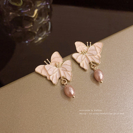 Butterfly Pearl Patched Party Wear Earrings - Pink