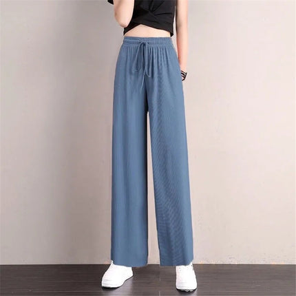 String Waist Solid Color Straight Loose Wear Women Trousers - Blue