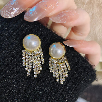 Ladies Pearl Rhinestone Tassel Personality Earrings - White