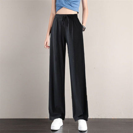 String Waist Solid Color Straight Loose Wear Women Trousers - Black