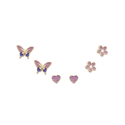 Floral Butterfly With Heart Three Pair Ear Tops -  Golden