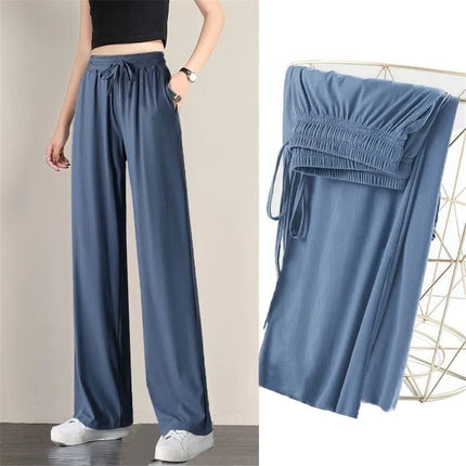 String Waist Solid Color Straight Loose Wear Women Trousers - Blue