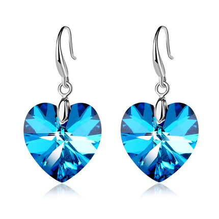 Shiny Heart Shaped Carved Crystal Silver Plated Earrings Pair - Blue