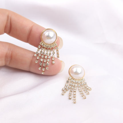 Ladies Pearl Rhinestone Tassel Personality Earrings - White