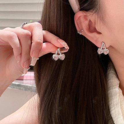 Cherry Shaped Rhinestone Women Ear Tops - Silver