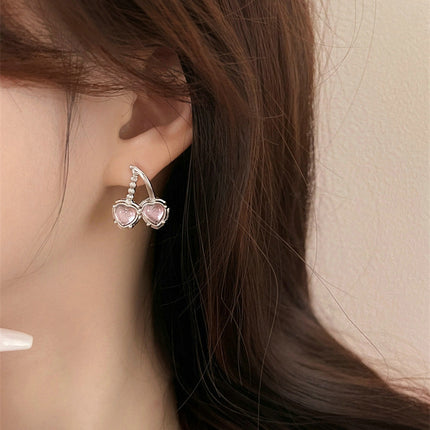 Cherry Shaped Rhinestone Women Ear Tops - Silver