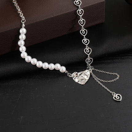 Irregular Pearl Heart Girls Necklace - Silver