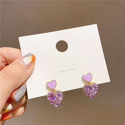 Girls Simple Wild Purple Crystal Heart Earrings - Light Purple