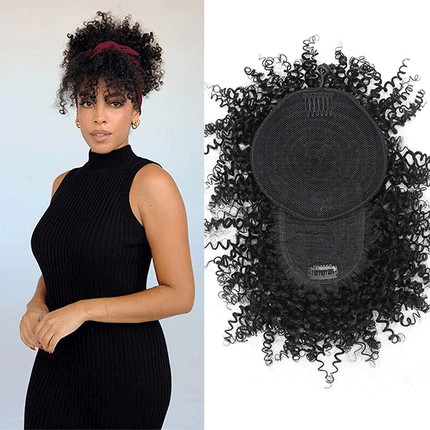 Short Kinky Afro High Puff Curly Hair Bun Bangs Drawstring Girls Bun - 8 Inch -  Black