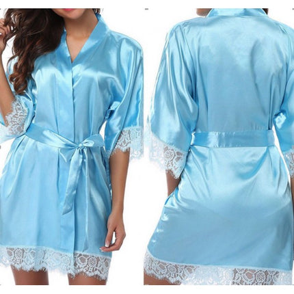 Woman Sleepwear Satin Robe Lace Dress - Sky Blue