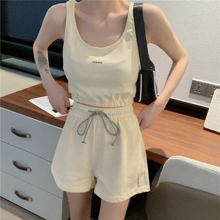 Beige Summer Sporty Set for Women Sleeveless High Waist 2-Piece Dress with Strap Shoulder and Alphabetic Print