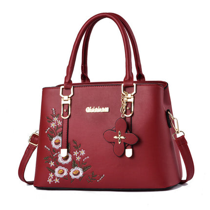 Floral Embroidery Synthetic Women's Quality Handbag - Wine Red