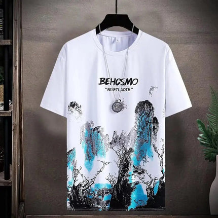 Stylish White Printed Men\'s Two-Piece Set Short Sleeves Elastic Waist Shorts Polyester Material Perfect for Any Occasion