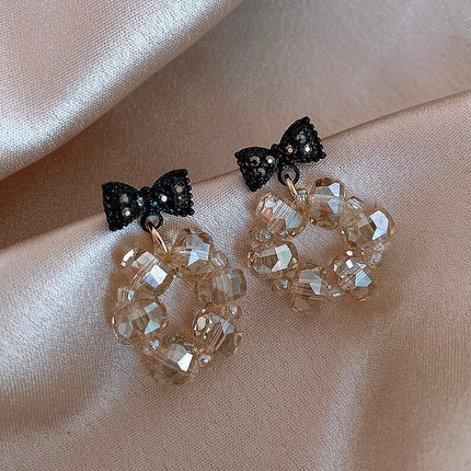 Ladies Rhinestone Bow Crystal Earrings - Black