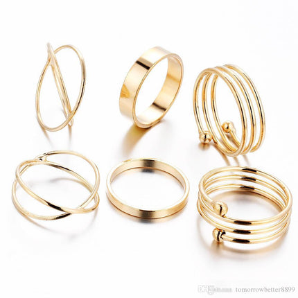 Girls Simple Alloy Ring Set 6 Pieces - Golden