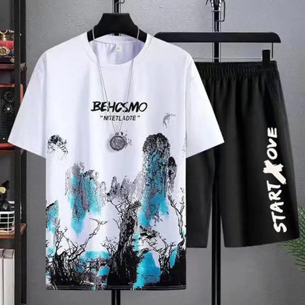 Stylish White Printed Men\'s Two-Piece Set Short Sleeves Elastic Waist Shorts Polyester Material Perfect for Any Occasion