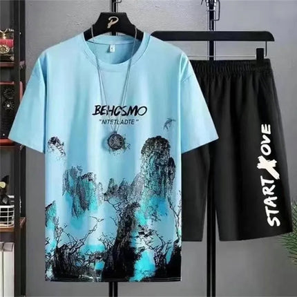 Stylish Blue Printed Men\'s Two-Piece Set Short Sleeves Elastic Waist Shorts Polyester Material Perfect for Any Occasion