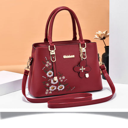 Floral Embroidery Synthetic Women's Quality Handbag - Wine Red